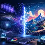 Futuristic AI image generation workflow showing text prompts, neural networks, vector art, cloud processing, and a finished digital illustration.