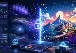 Futuristic AI image generation workflow showing text prompts, neural networks, vector art, cloud processing, and a finished digital illustration.