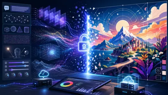 Futuristic AI image generation workflow showing text prompts, neural networks, vector art, cloud processing, and a finished digital illustration.